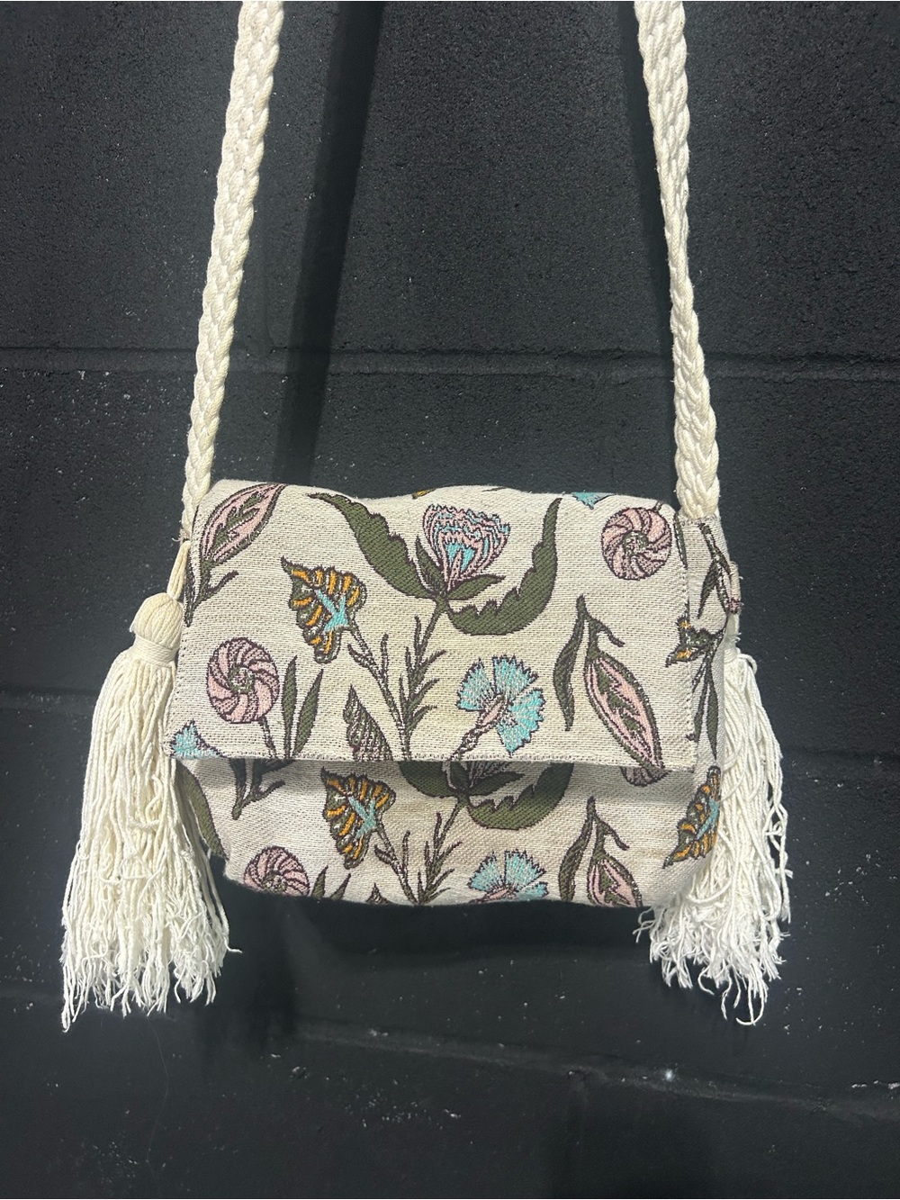 Universal Thread Cream Floral Embroidered Shoulder Bag with Tassel Strap